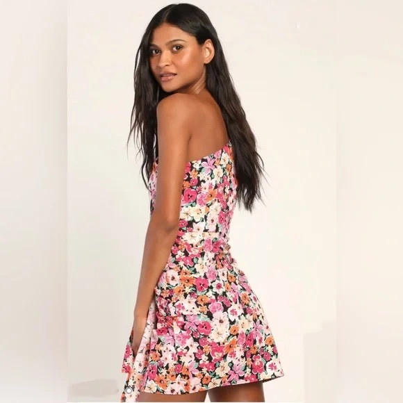 Lulu’s Garden Floral One-Shoulder Faux-Wrap Mini Dress Womens Large - Picture 2 of 15
